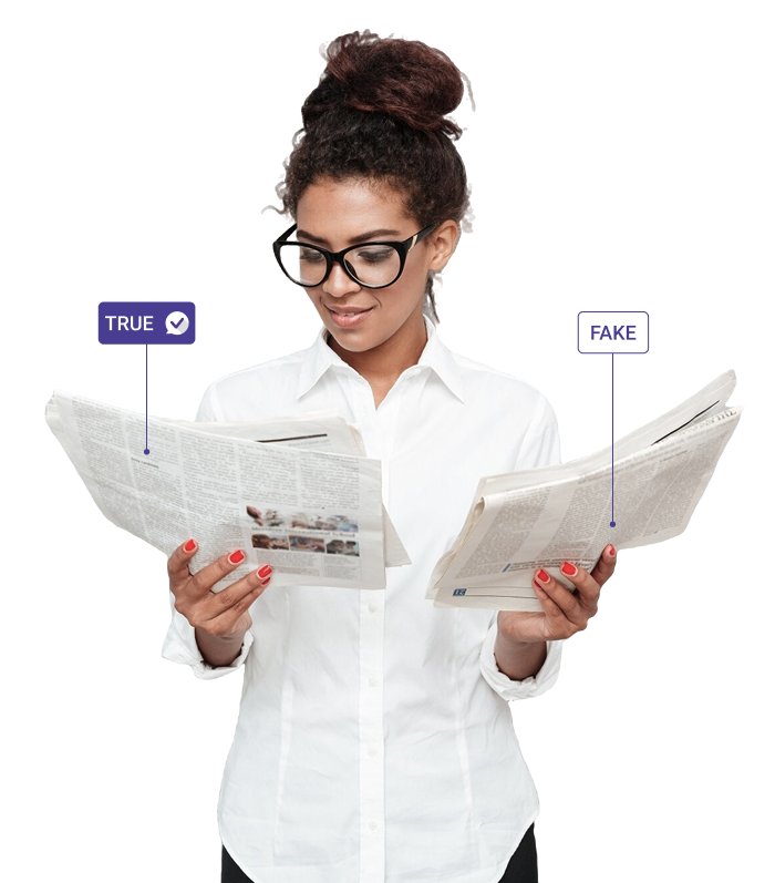 Woman comparing true and fake news